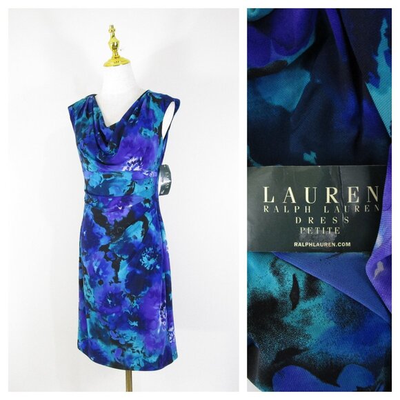 Lauren Ralph Lauren Petite Blue Green Watercolor Floral Sheath Dress Size 10P - Picture 1 of 10